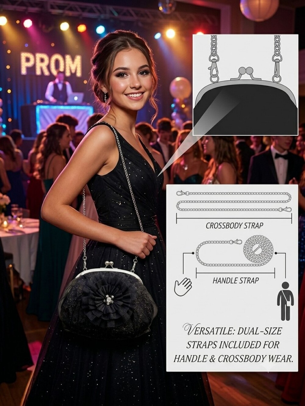 Helen’s Heart Black Silver Evening Bag Convertible Crossbody Clutch NWT